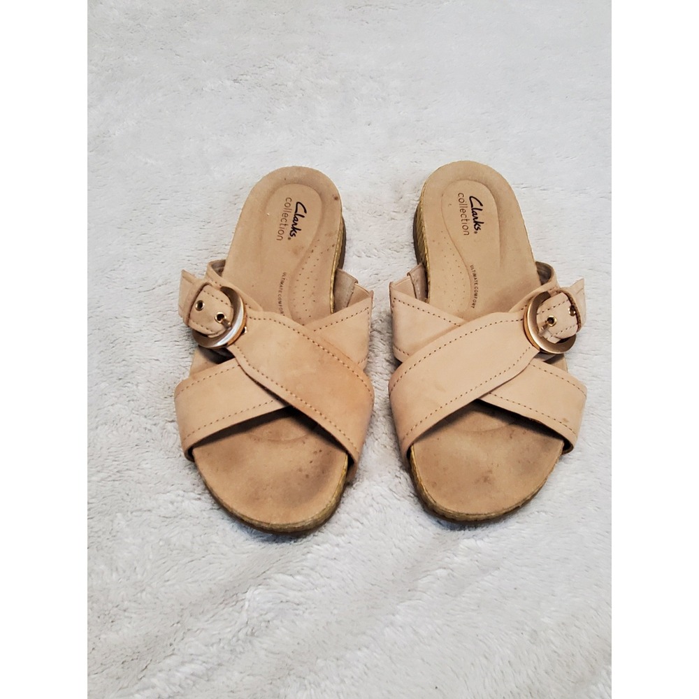 Clarks Beige‎ Strappy Classic Casual Slides Sandals 9 Summer Beach Minimalist